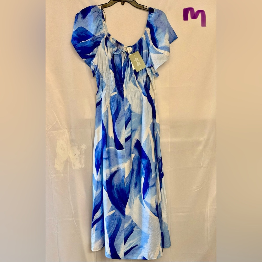 H&M Blue and White Maxi Dress with Tie Neck